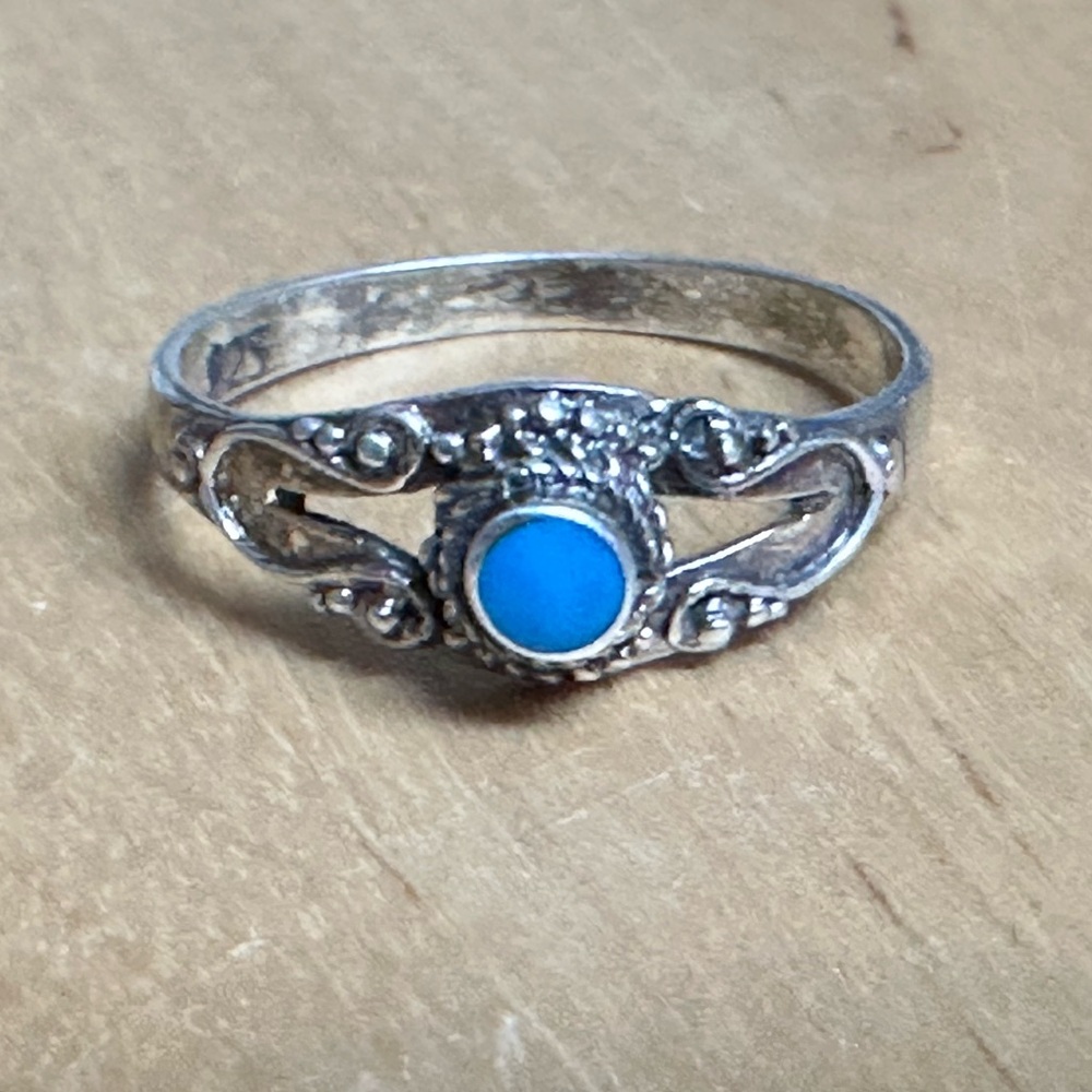 Vintage Southwest Blue Lapis? Cut Out Ball Bead 925 Sterling Silver Ring Size 7